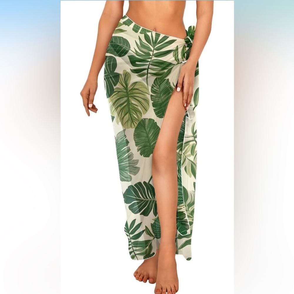 Tropical Green Leaf Print Swim Cover-Up